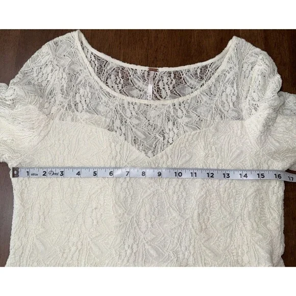 Free People Cream Lace Skater Mini Dress 3/4 Sleeve Bridal Shower Wedding M - Picture 11 of 14